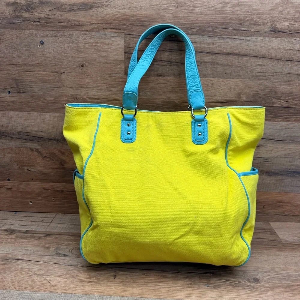 Cole Haan Bright Yellow Canvas Tote with Teal Trim - Women Bags